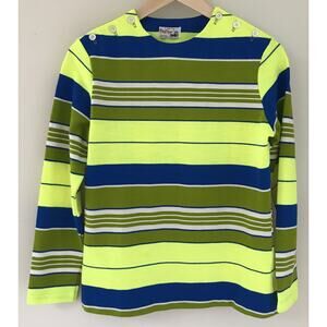 Vtg 60s 70s Panther College Town of Boston Bright Green Blue Striped Shirt S 36"
